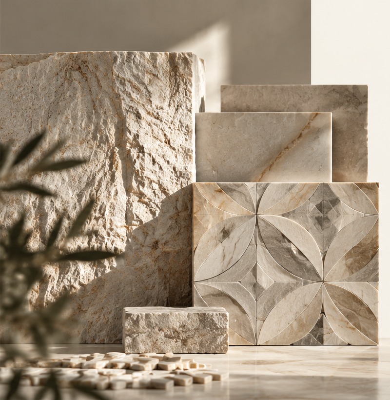 Stacked marble block, slabs, and mosaic tile